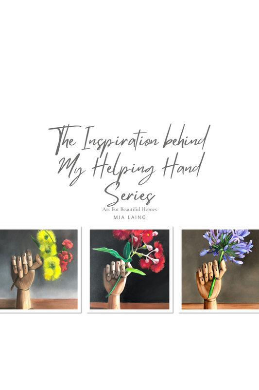 Oil painting series of wooden hands with flowers.