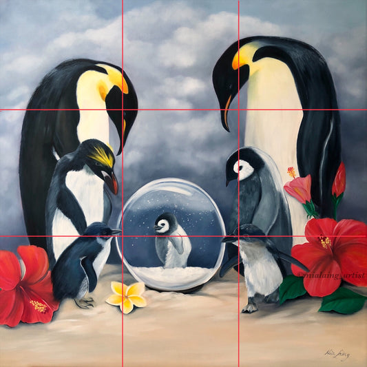 penguins on beach, climate change, finest, oil painting , Mia Laing