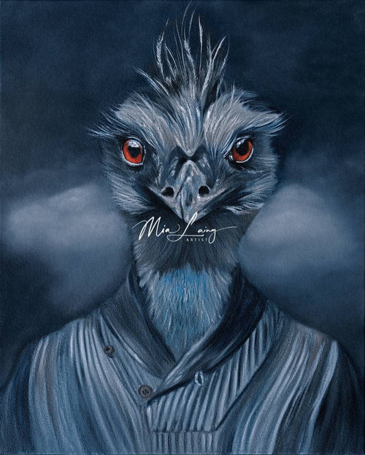 Emu dressed as human, oil painting, Mia Laing