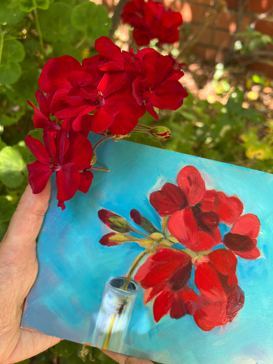 For Caroline - Big Red Geraniums Oil Painting